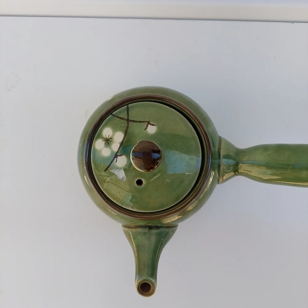 Miso Pottery Asian Japan Green with White Cherry Blossoms Side Spout Tea Pot - Picture 7 of 11